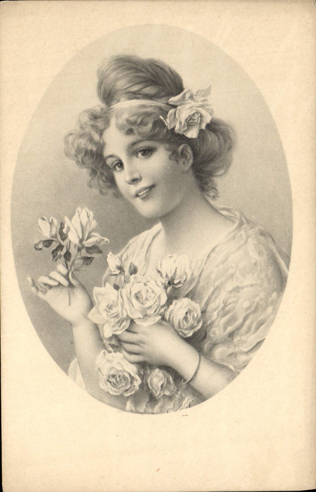 Jeune femme aux roses — gravure — M.M. MUNK, n° 718