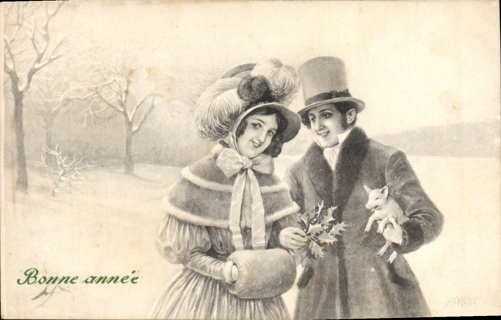 Couple en hiver — avec un petit cochon — éditeur J. JIROK
