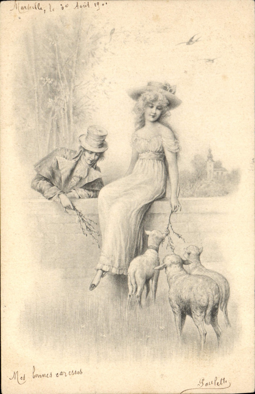 Marseille — scène de jardin avec femme et moutons — Baulette