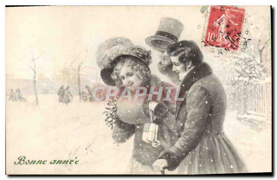 Jeunes amoureux dans la neige — carte de vœux — éditeur V. K. VILLINE, n° 3601/a