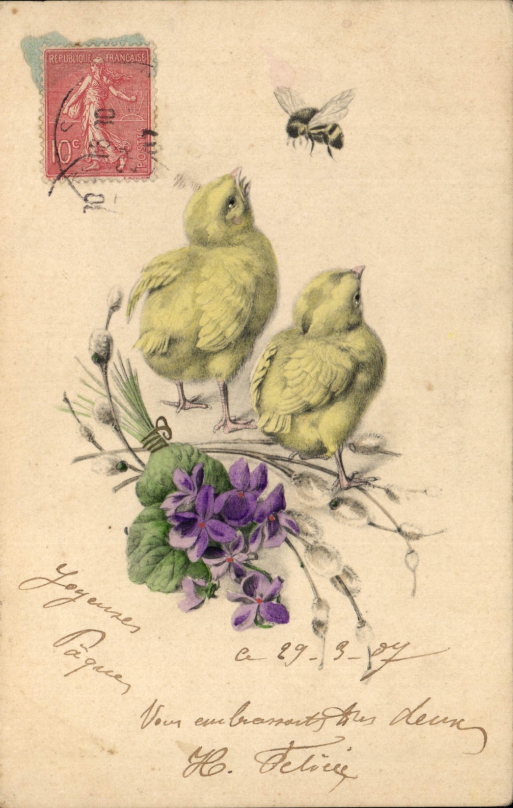 CPA Fantaisie Fleurs Poussins Bourdon 
