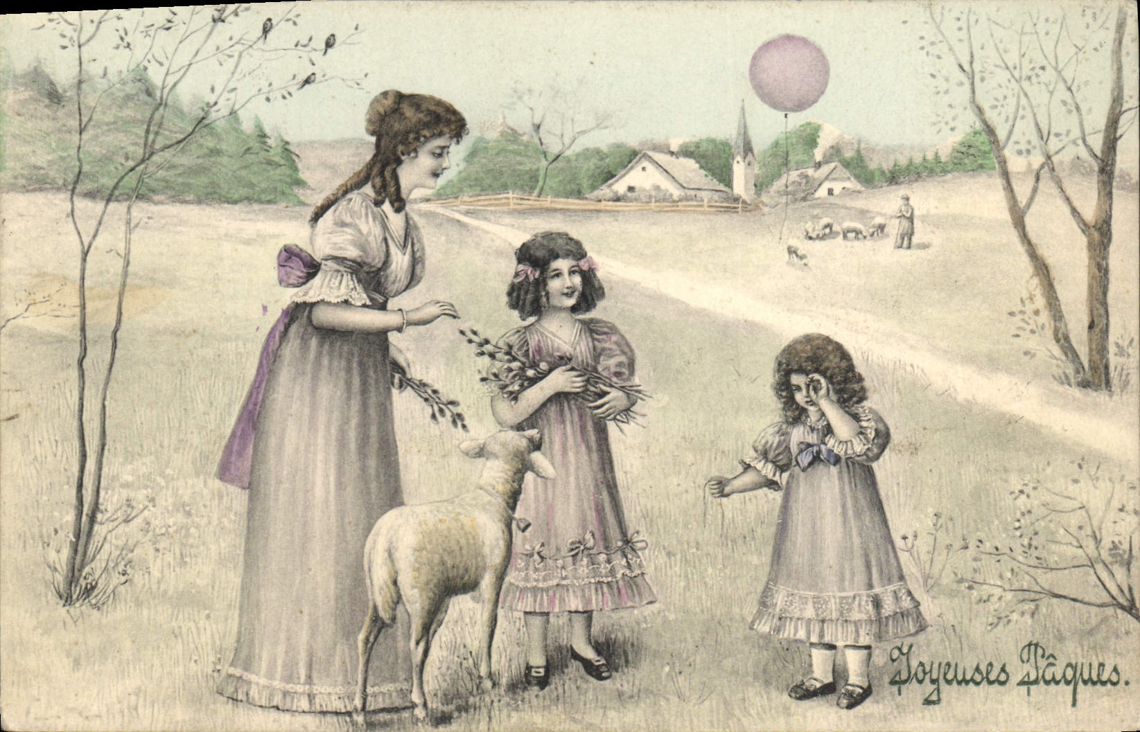 Famille avec agneau — Pâques — éditeur non visible