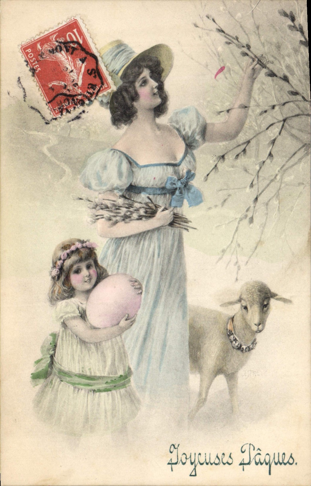 Femme et enfant avec agneau — Pâques — éditeur inconnu, n° de série non visible