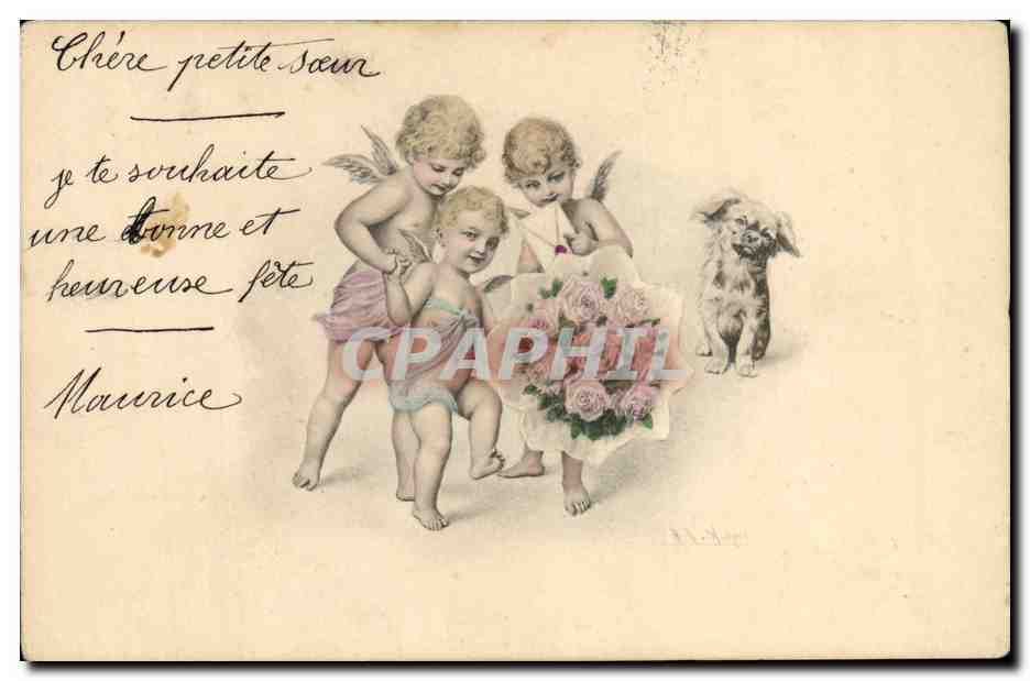 CPA Fantaisie Enfants Ange Chien 