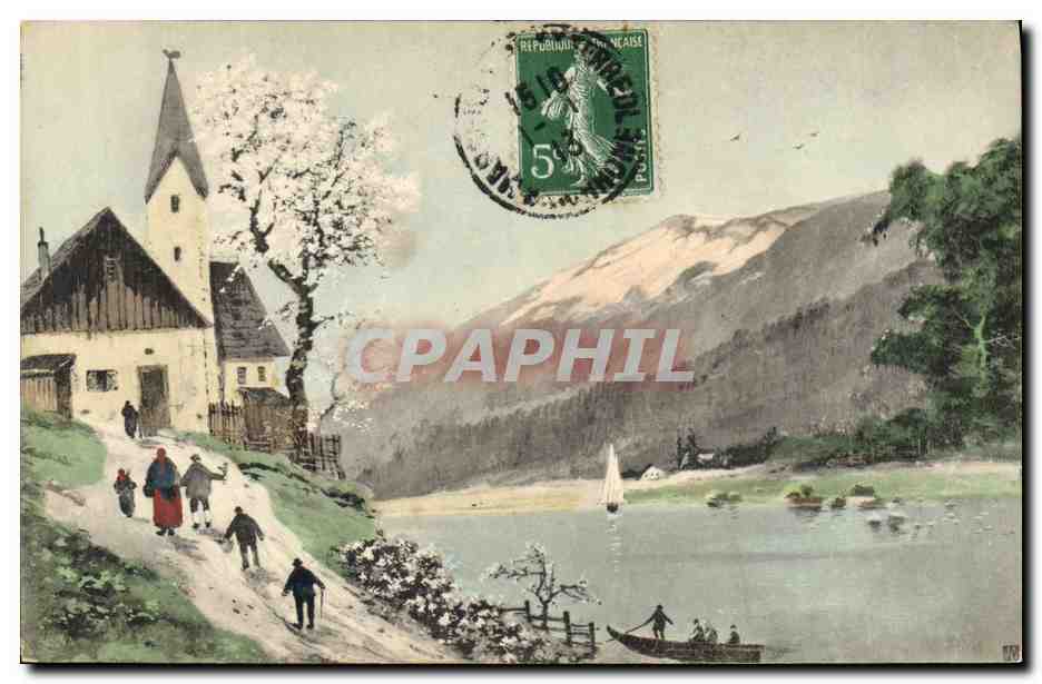 Pueblo lacustre con iglesia — vista de montaña — editor V. K., Viena, n° 4111