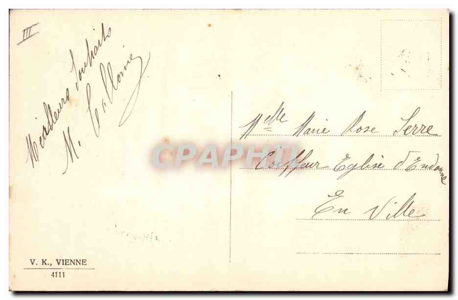 Pueblo lacustre con iglesia — vista de montaña — editor V. K., Viena, n° 4111 — Reverso