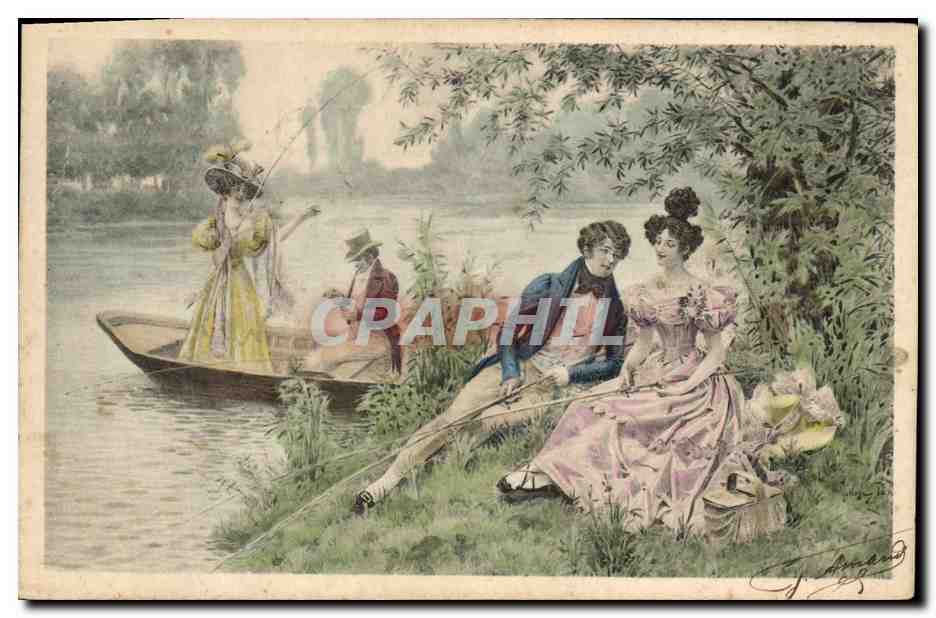 Scène de pêche en rivière — couple au bord de l'eau, femme en barque — éditeur J. Drougard, n° 152