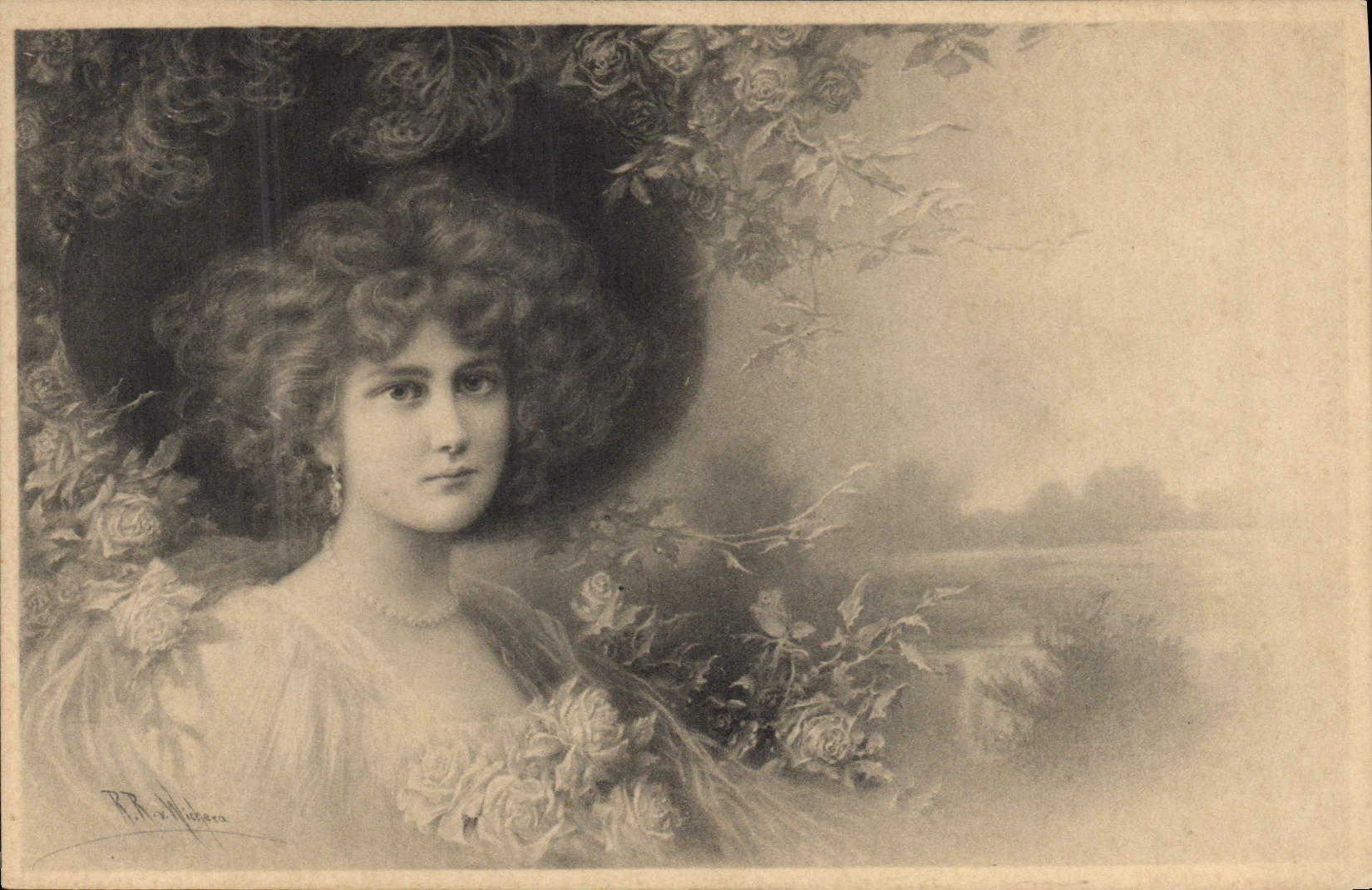 Jeune femme aux roses — gravure signée R.R. e. Muhler — M. M. Vielme, dépôt