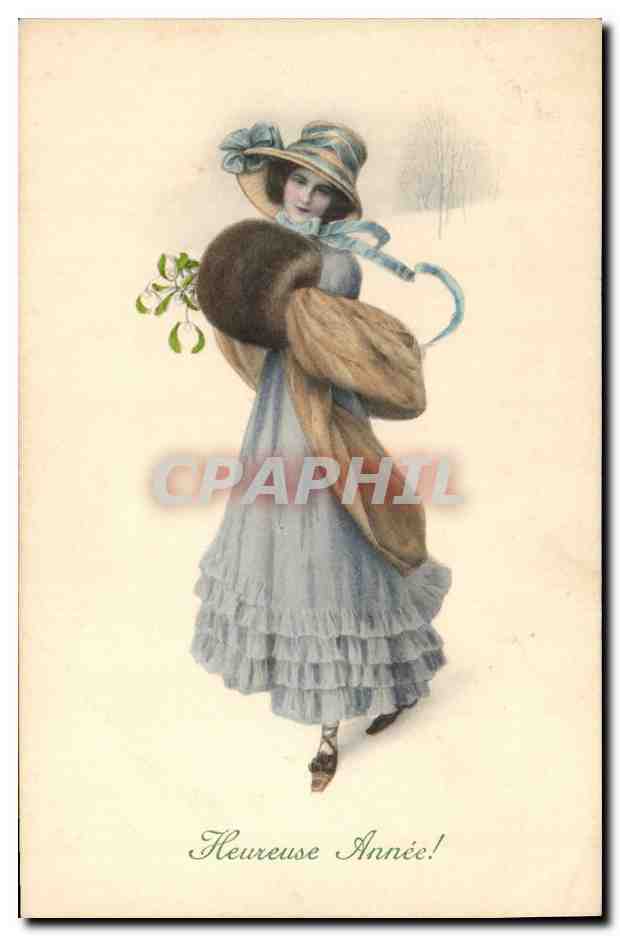 Jeune femme en robe bleue et chapeau — tenant du gui — éditeur M.M. Vienne, n° 597