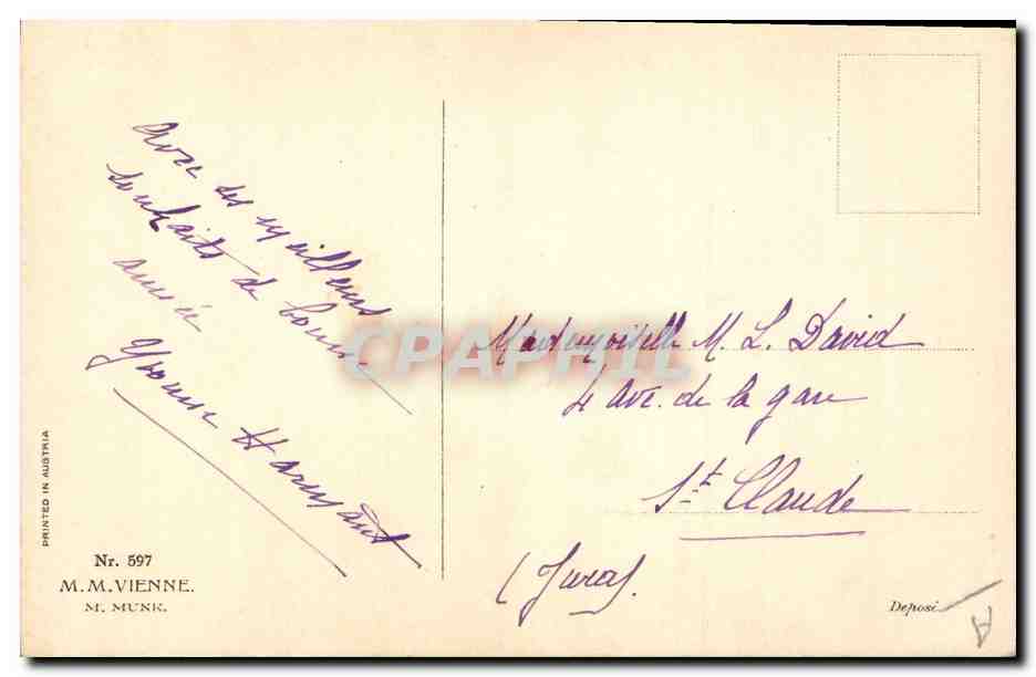 Jeune femme en robe bleue et chapeau — tenant du gui — éditeur M.M. Vienne, n° 597 — Reverso
