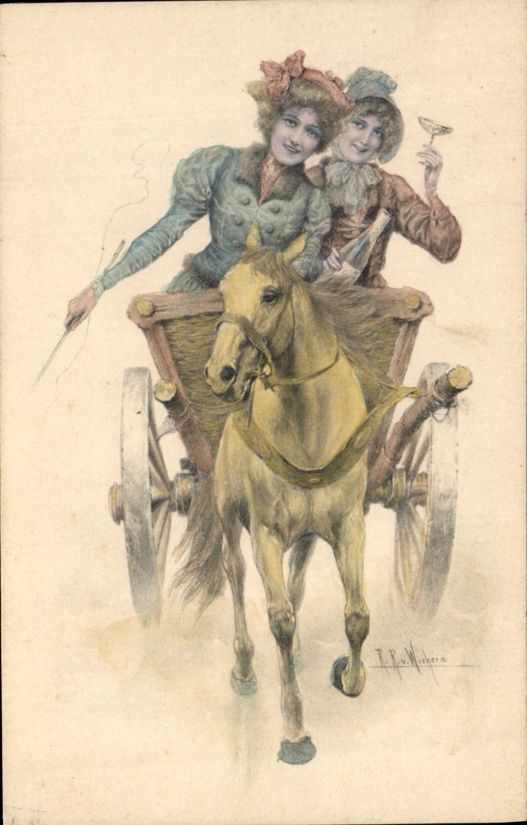 CPA Fantaisie Femmes Cheval Caleche 