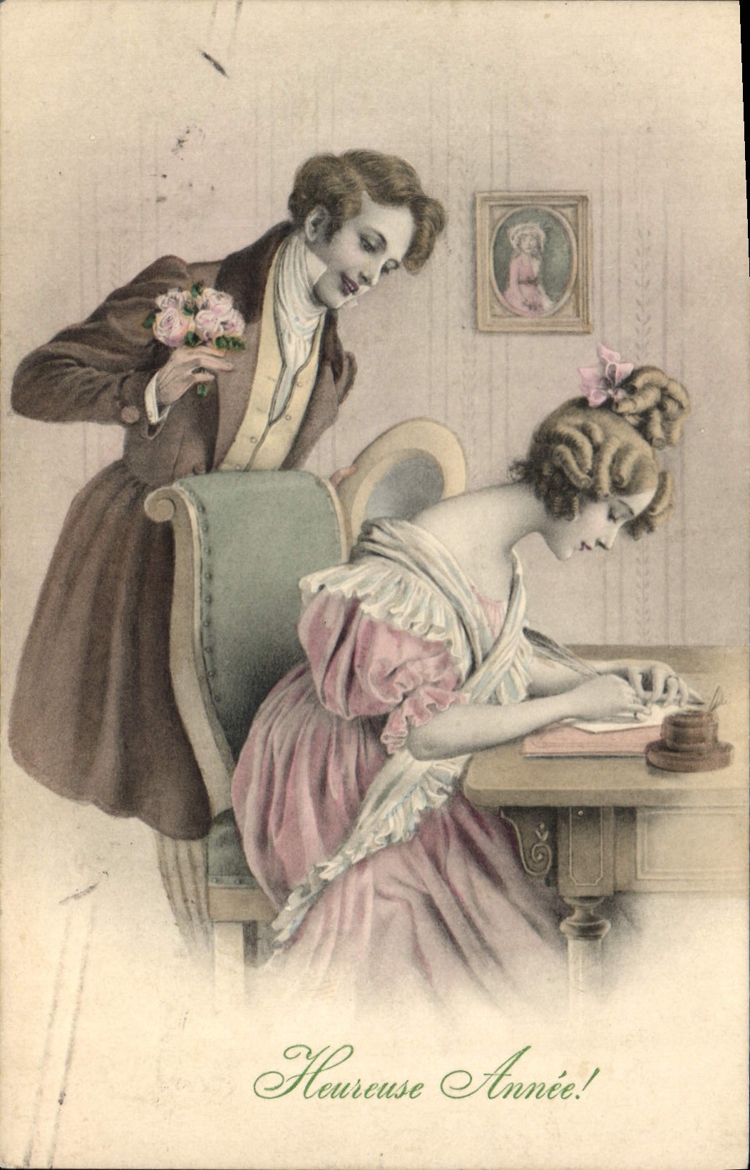 Jeune homme offrant des fleurs à une jeune femme — Heureuse Année! — M. M. Vienne, n° 467