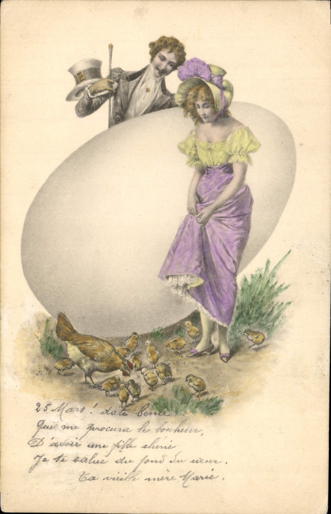 Couple avec grand œuf de Pâques — scène de printemps — éditeur non visible