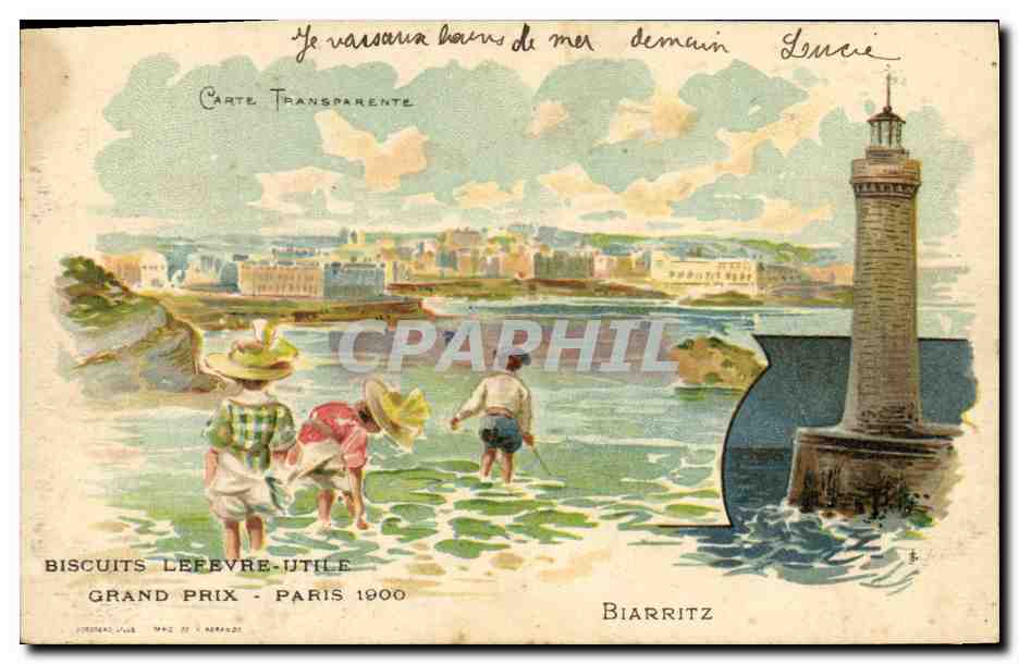 CPA Fantaisie Illustrateur Carte transparente Biarritz Biscuits Lefevre Utile Grand Prix Paris 1900 Phare