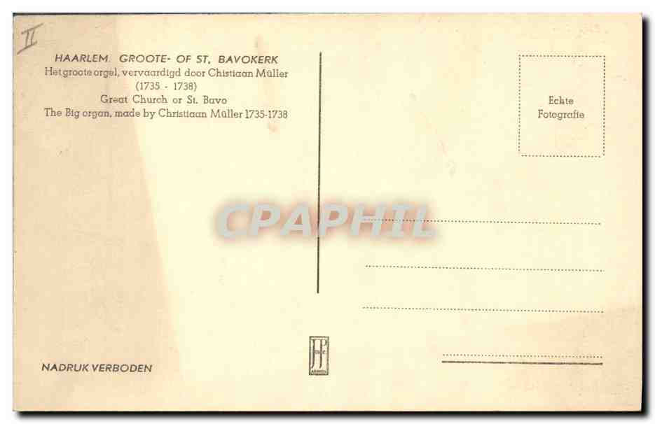 CPA Orgue Haarlem Grotte of St Bavokerk  — Verso