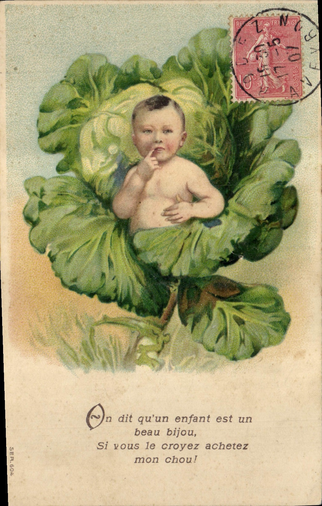 Enfant dans un chou — carte postale humoristique — éditeur SEN 604