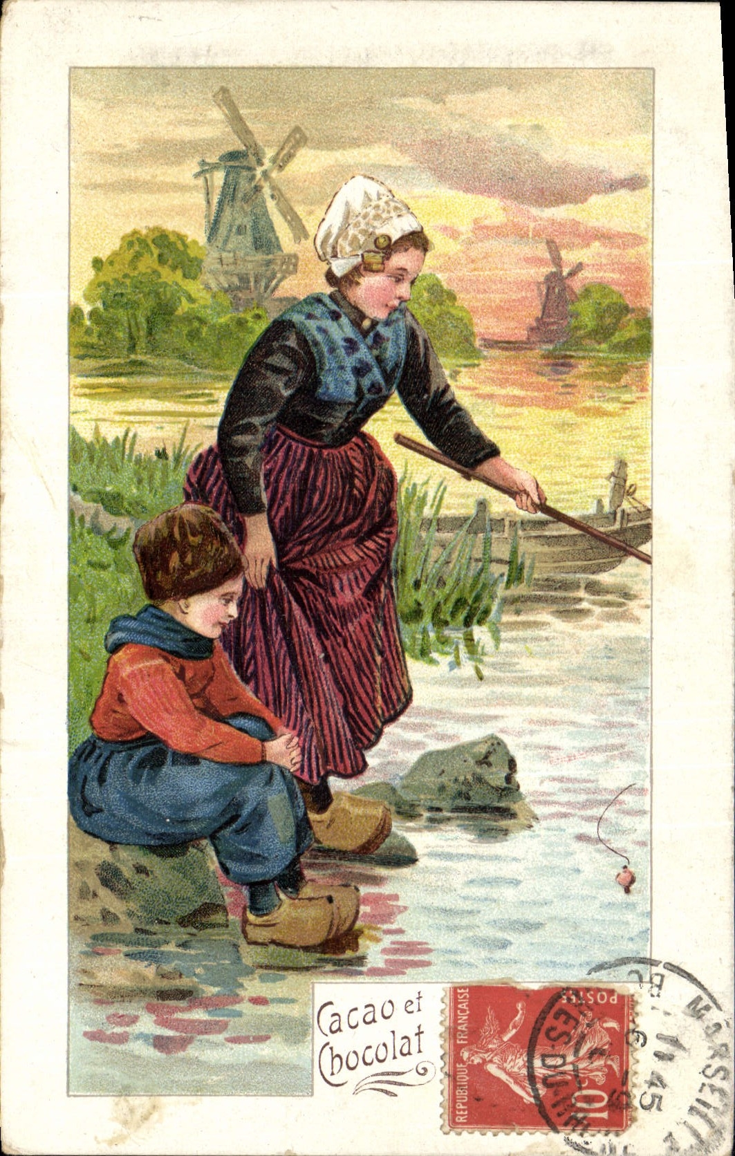 Femme et enfant aux abords d'un canal — Paysage hollandais avec moulin à vent — Cacao et Chocolat, éditeur inconnu