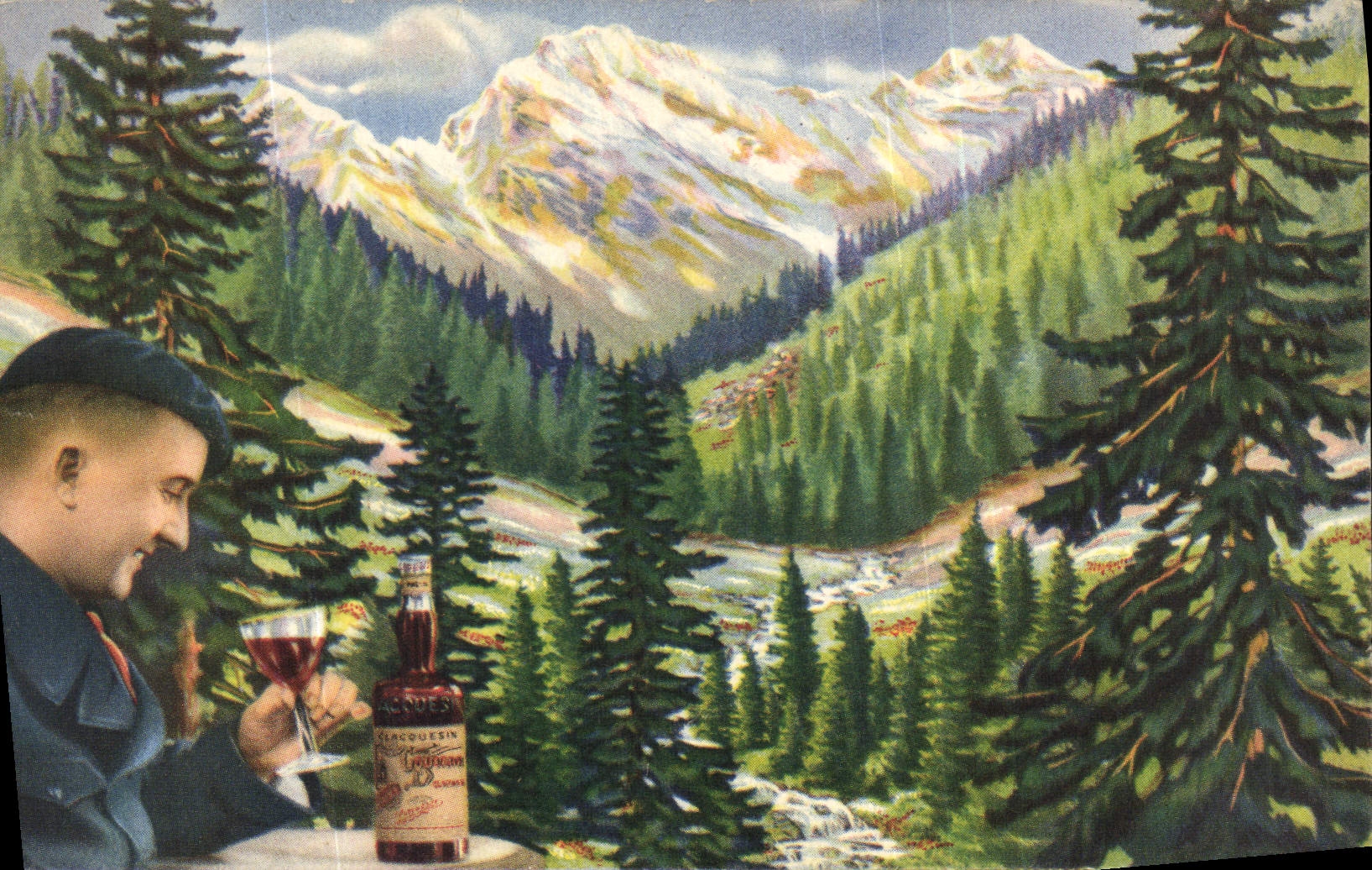 Homme buvant un apéritif — montagnes enneigées — publicité pour Clacquesin