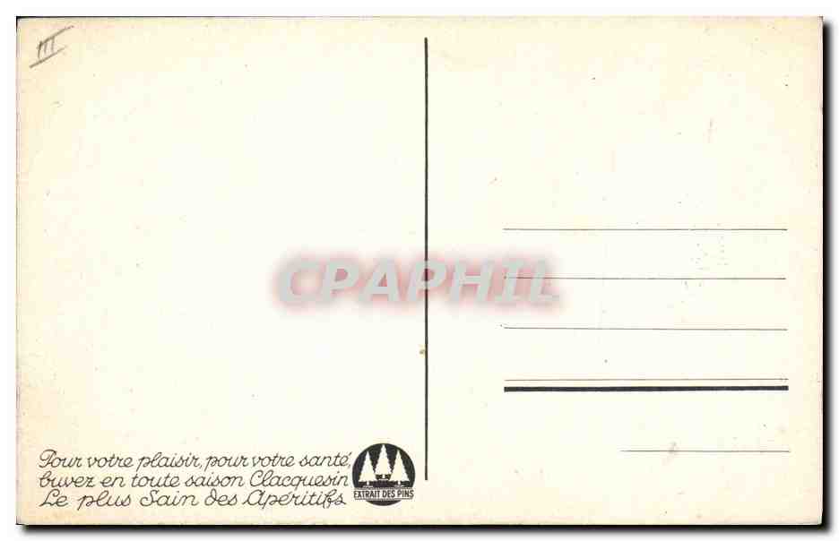 Homme buvant un apéritif — montagnes enneigées — publicité pour Clacquesin — Rückseite