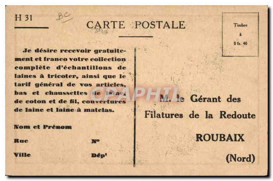 Publicité pour les laines de la Redoute — Filatures de la Redoute, Roubaix (Nord) — Rückseite