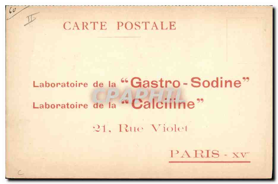 Gastro-Sodine — Annonces de médicaments — Laboratoire de la 'Gastro-Sodine' et 'Calciline' à Paris XV — Verso