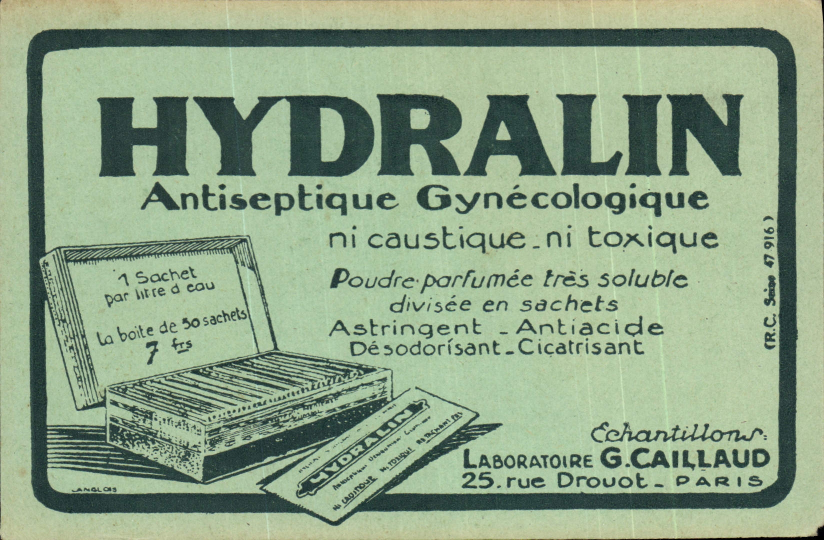 CPA Publicite Hydralin Antiseptique Gynecologique Laboratoire Caillaud Rue Drouot Paris 