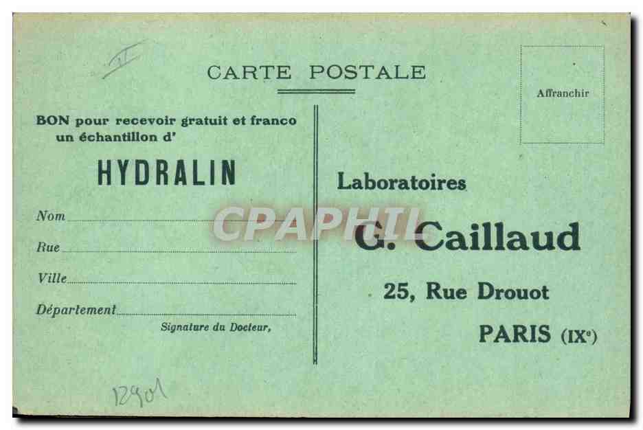 CPA Publicite Hydralin Antiseptique Gynecologique Laboratoire Caillaud Rue Drouot Paris  — Verso