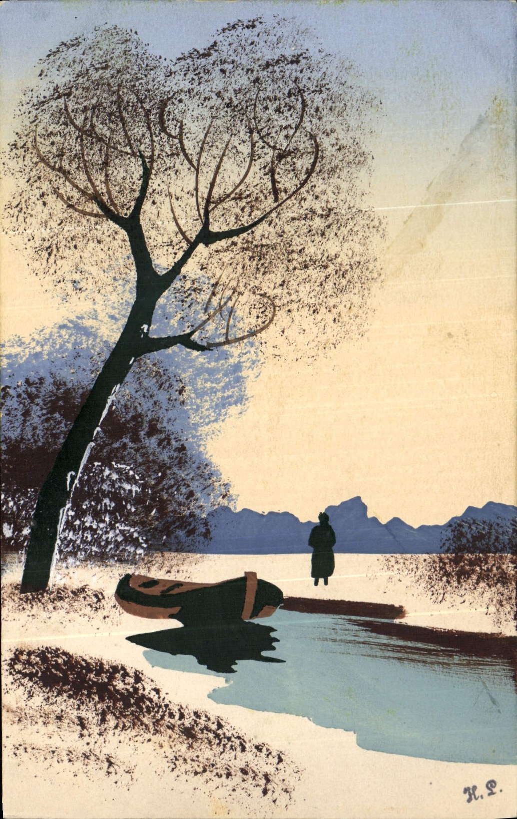 Scène hivernale avec arbre et bateau — H. P. — éditeur non visible