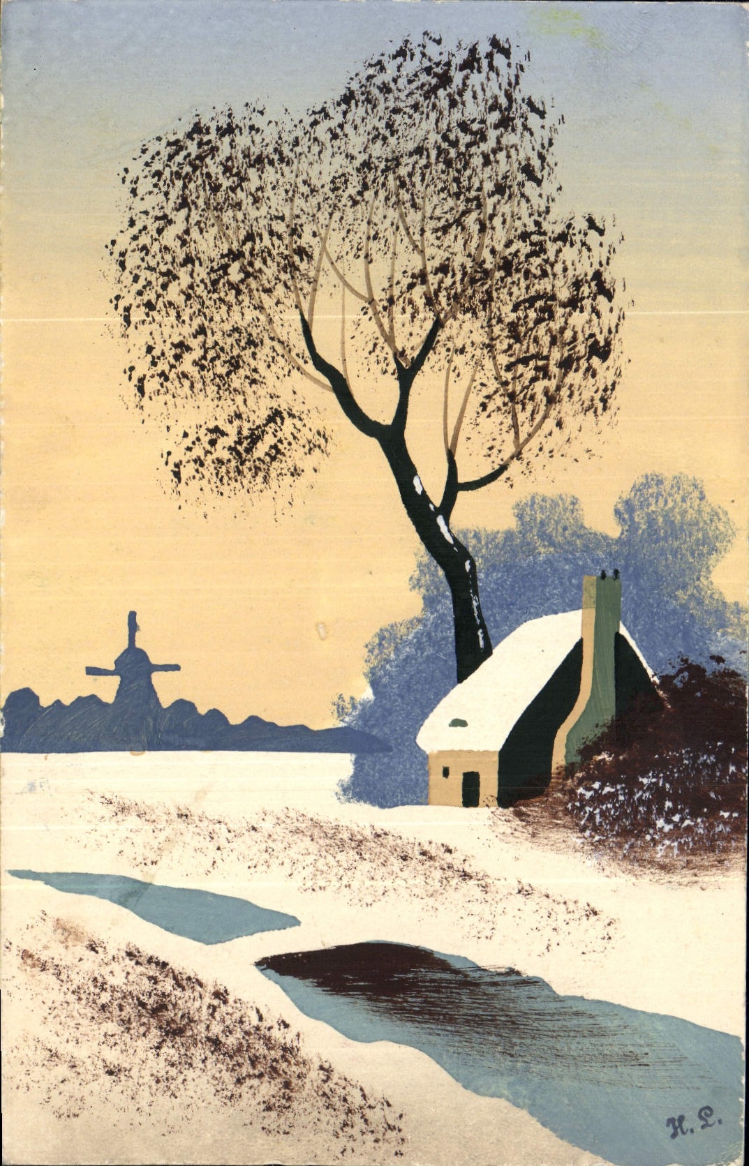 Paysage hivernal avec moulin à vent — H. O. — éditeur non visible