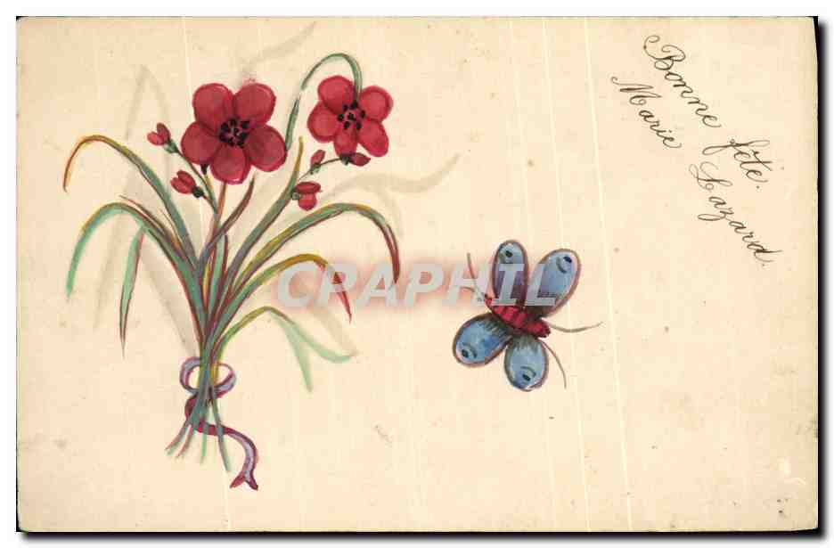 CPA Fantaisie (dessin a la main) Fleurs Papillon 