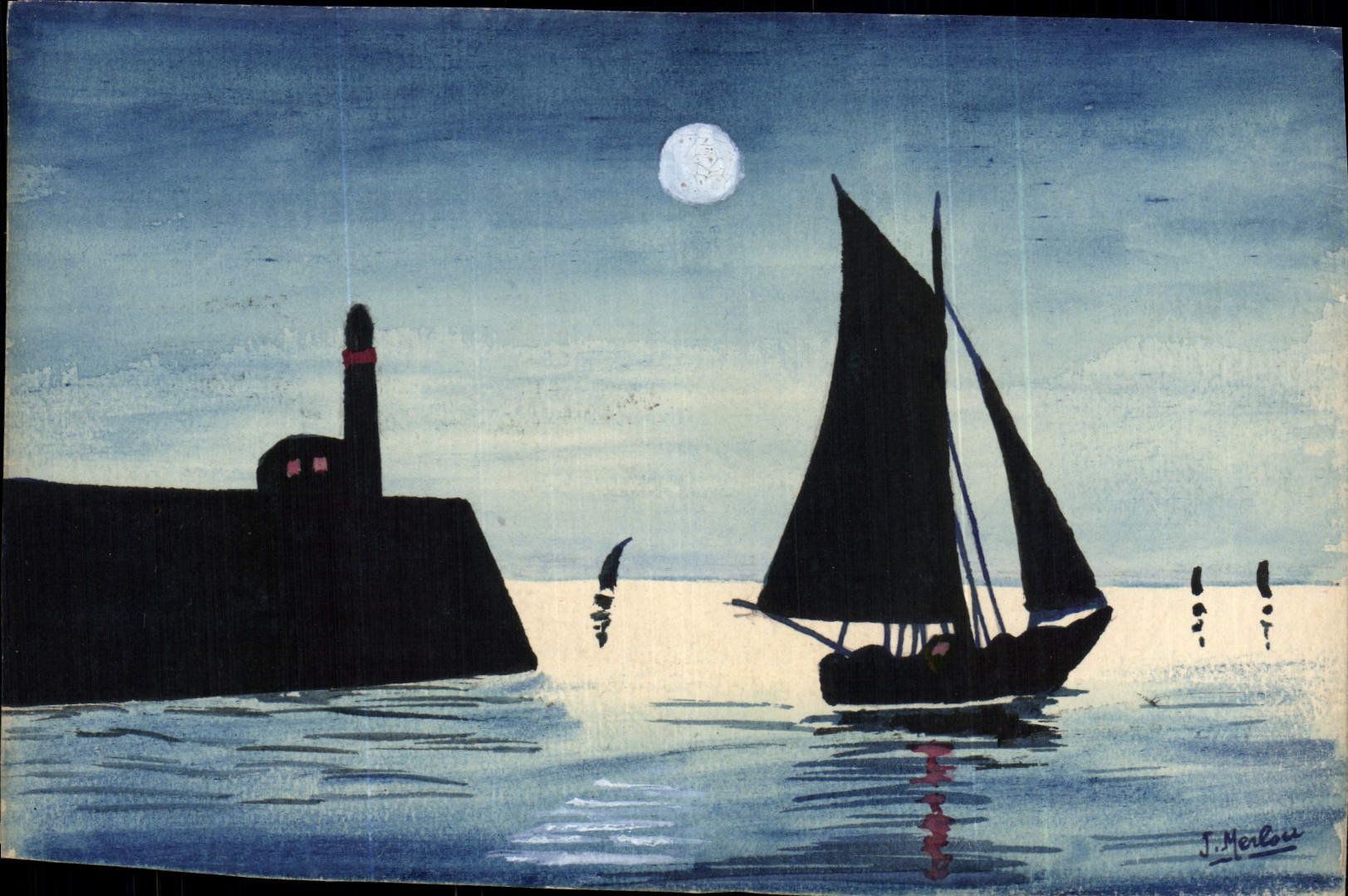 Vue nocturne de Le Havre — bateau à voile et phare — dessin de J. Merbou