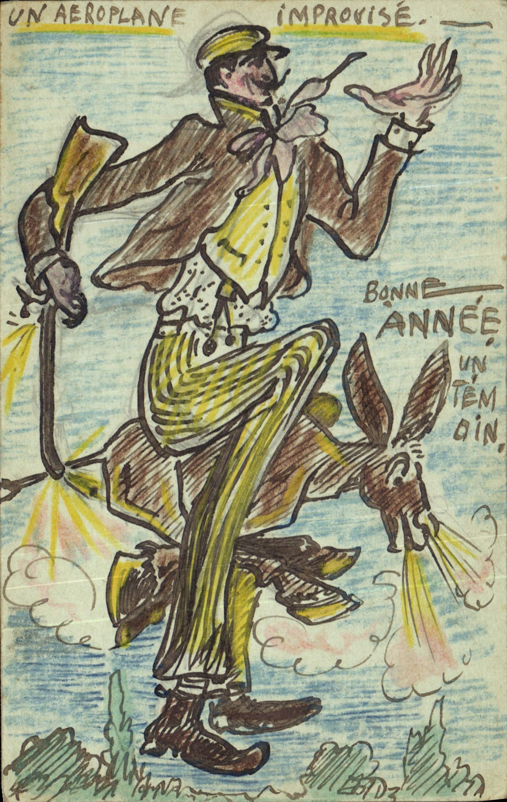 Un avion improvisé — caricature d'un homme sur un âne — éditeur non visible