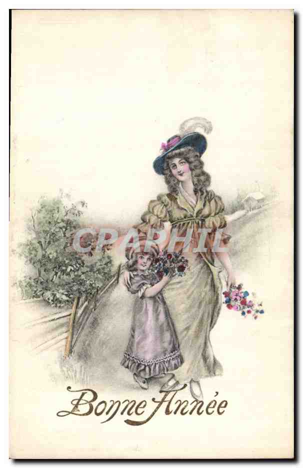 Femme et enfant avec bouquet — Bonne Année — V.K. Vienne 7035