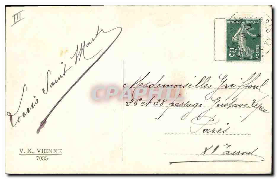 Femme et enfant avec bouquet — Bonne Année — V.K. Vienne 7035 — Verso