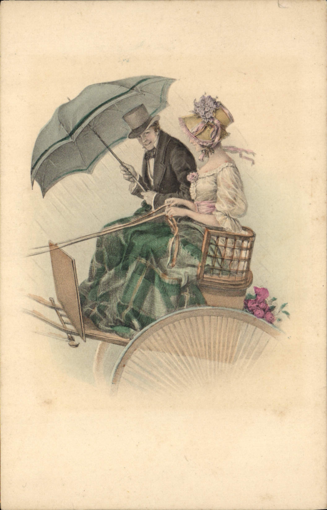 Couple sous parapluie dans une voiture — illustration — M. Munk, Wien, n° 839