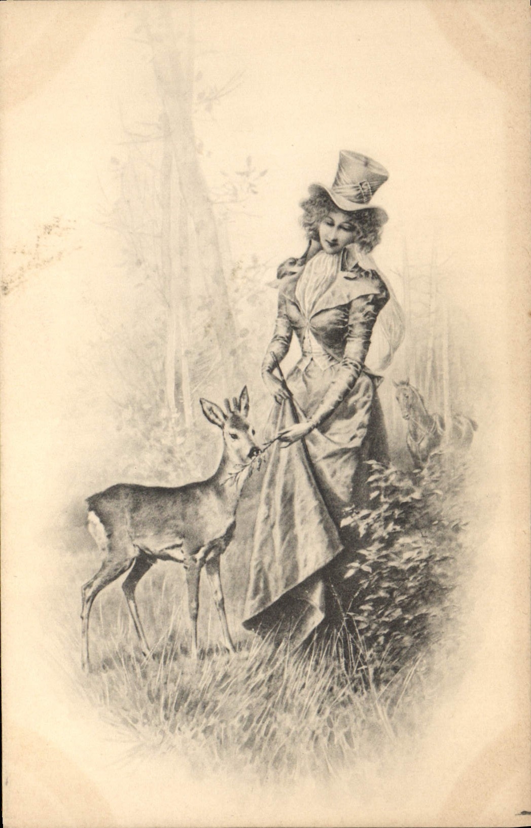 Femme en chapeau haut de forme caressant un cerf — illustration — M. M. Vienne