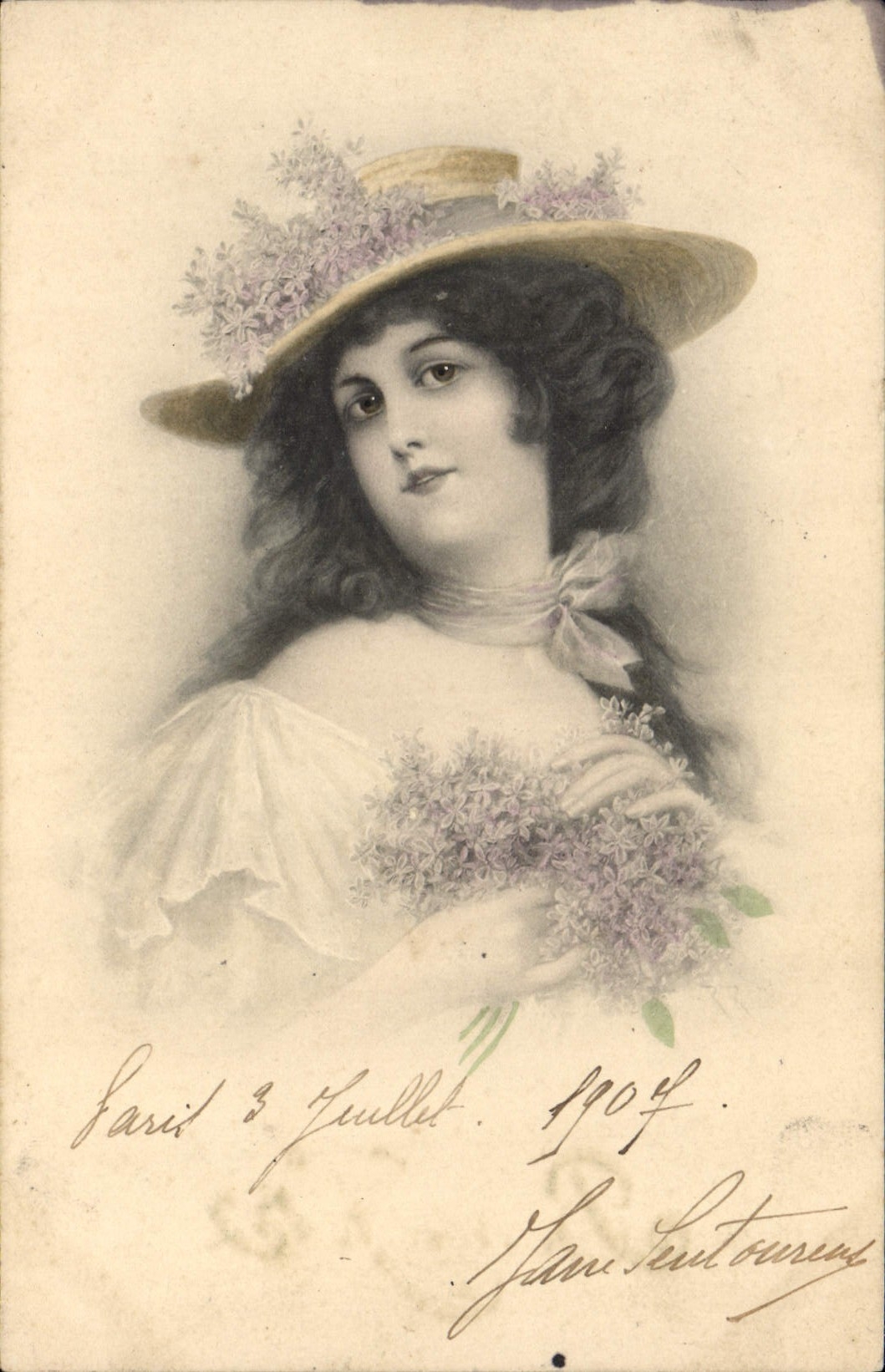 Femme en chapeau de paille orné de lilas — Paris, 3 juillet 1904 — San Sentourne