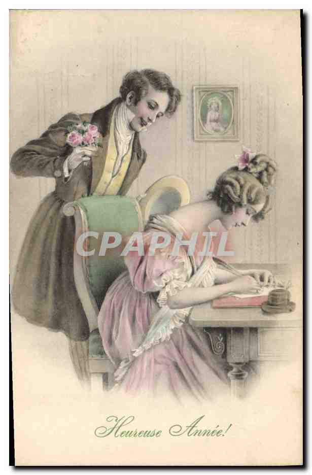 Jeune homme offrant des fleurs à une jeune femme — 'Heureuse Année!' — M. M. Vienne, n° 467