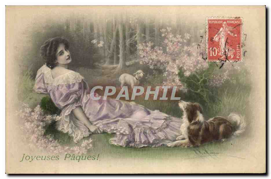 Femme en robe lilas et chiens dans un parc fleuri — Joyeuses Pâques! — éditeur M. Munk, n° 446