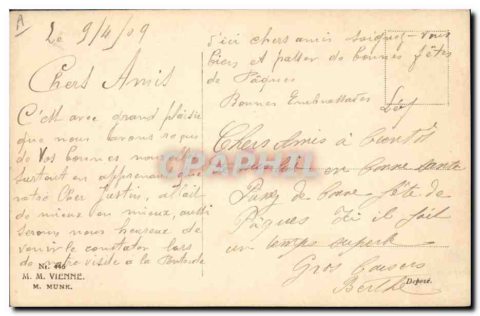 Femme en robe lilas et chiens dans un parc fleuri — Joyeuses Pâques! — éditeur M. Munk, n° 446 — Verso