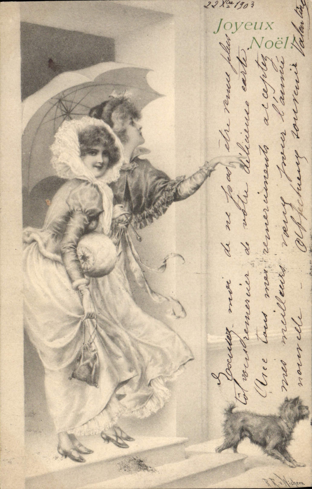 Deux jeunes femmes sous un parapluie — Joyeux Noël — éditeur R.R. Weber, n° 22