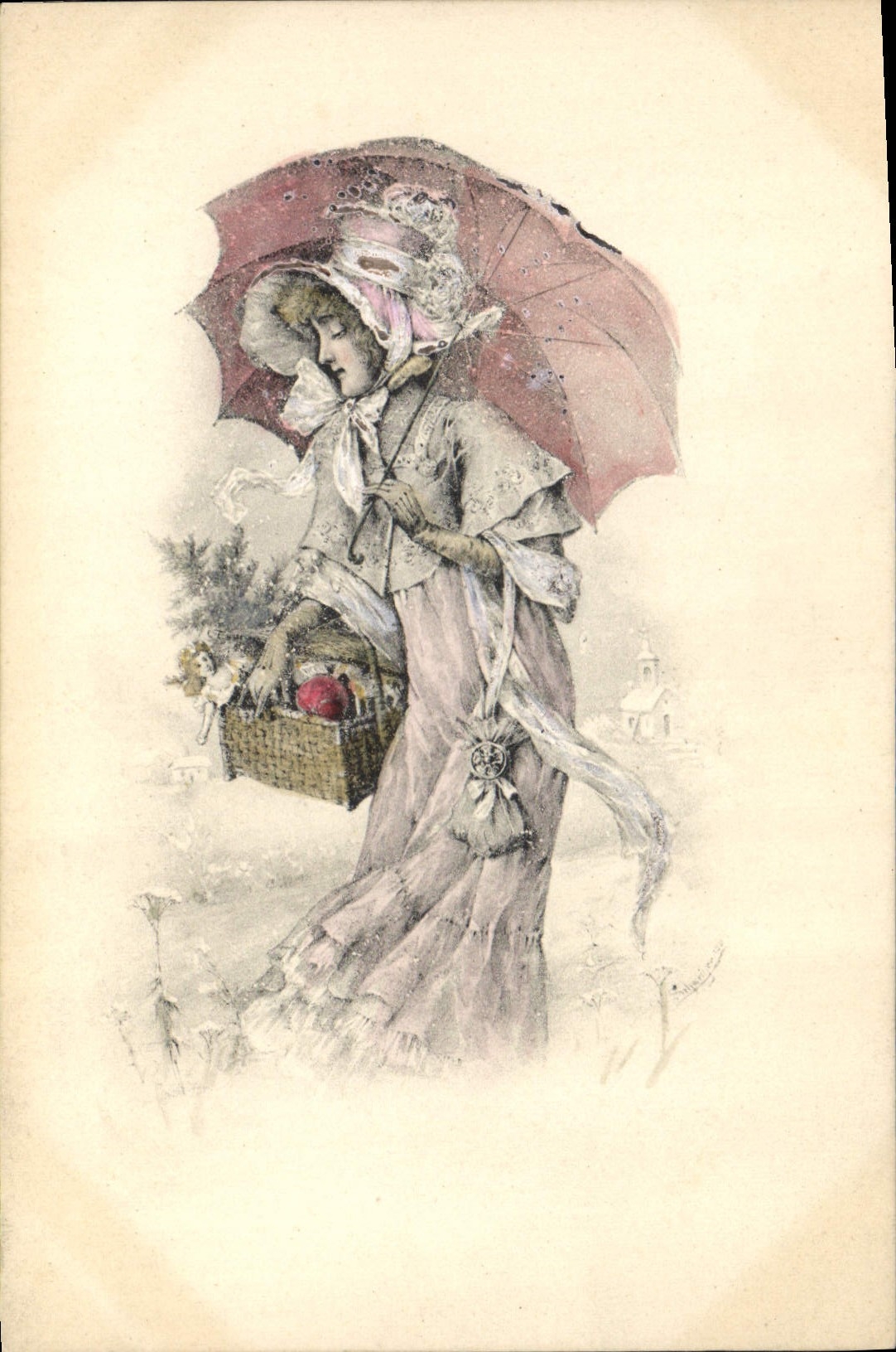 Femme sous parapluie tenant panier — scène hivernale — E.S.W.