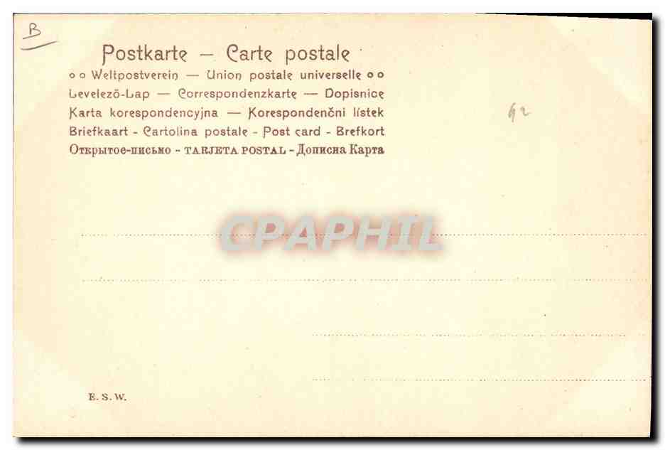 Femme sous parapluie tenant panier — scène hivernale — E.S.W. — Verso