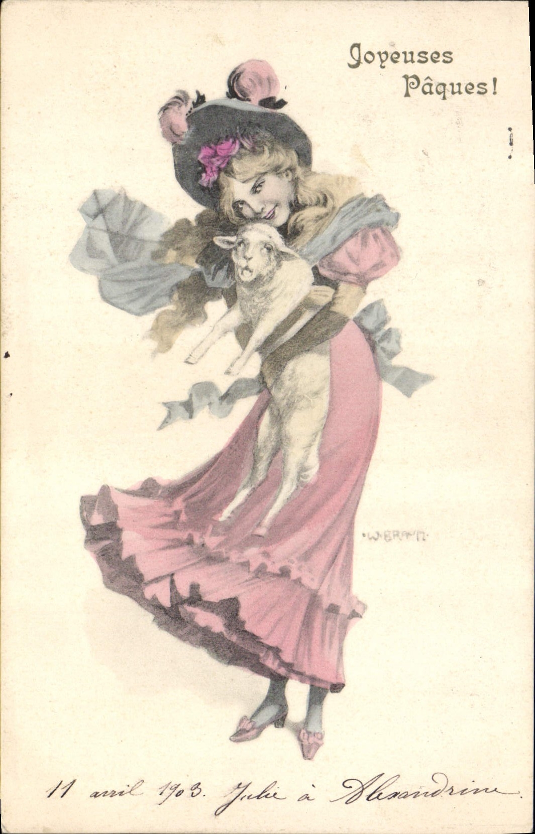 Femme en robe rose tenant un agneau — Jopeuses Pâques! — WERPN. n°1008/6