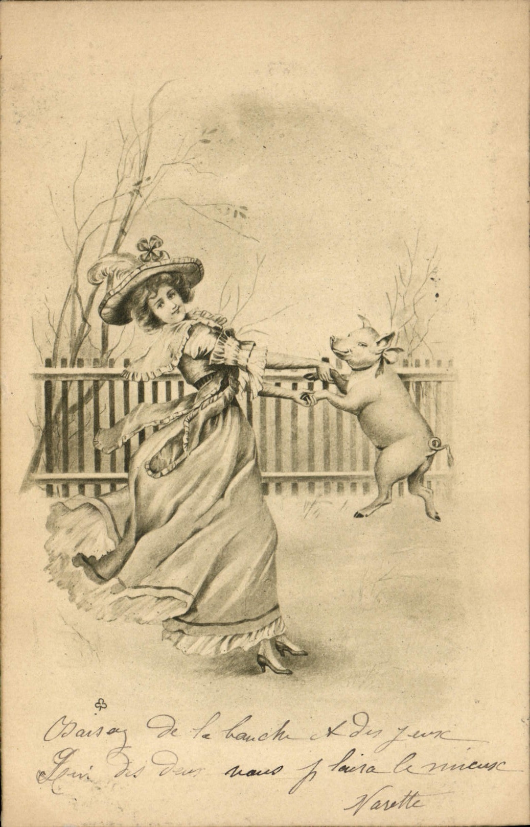 Danse avec un cochon — scène humoristique — éditeur non identifié, n° de série non visible