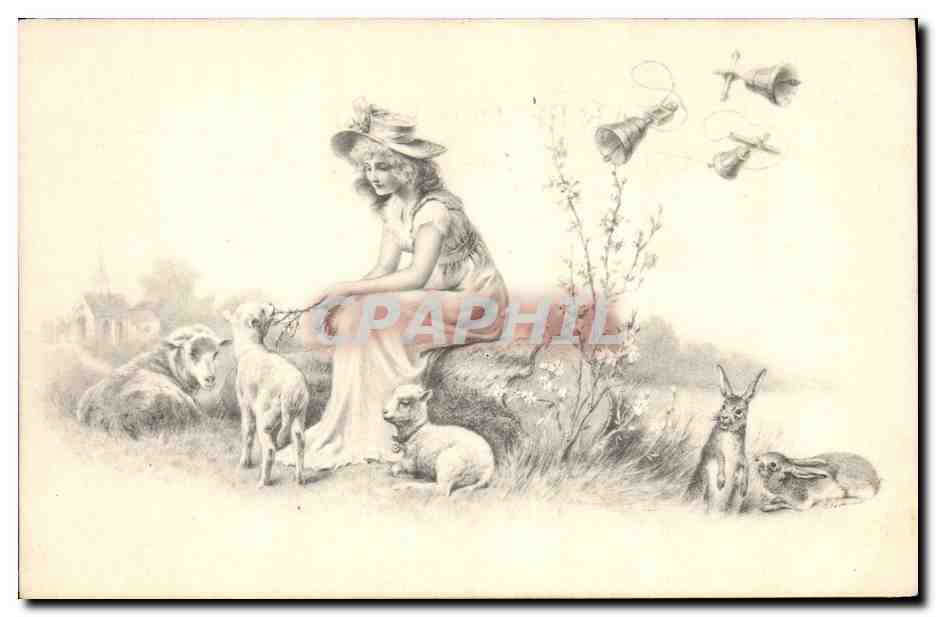 Femme avec moutons et lapins — scène pastorale — M. M Vienne