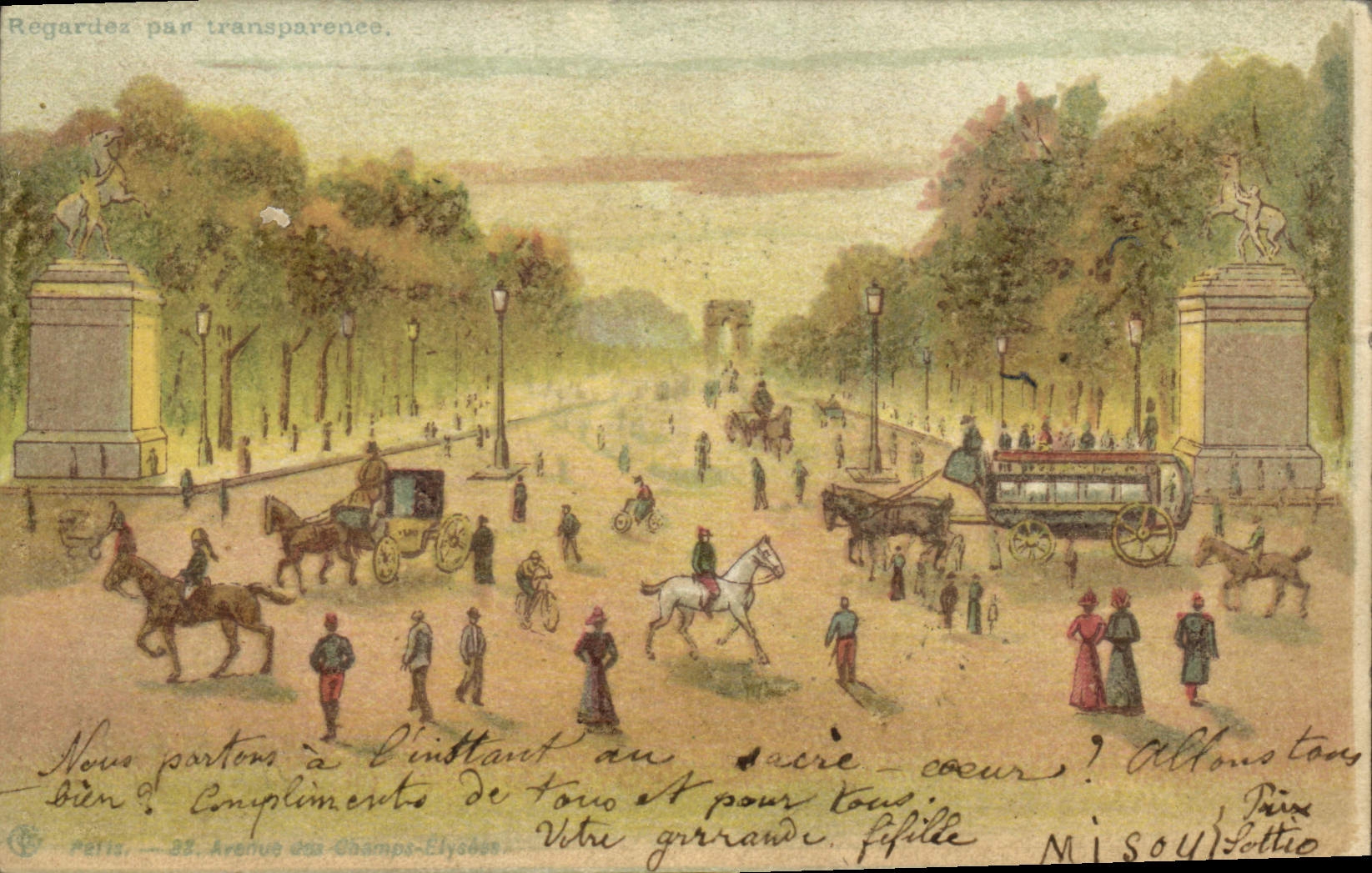 CPA Fantaisie Carte transparente Paris Avenue des champs Elysees