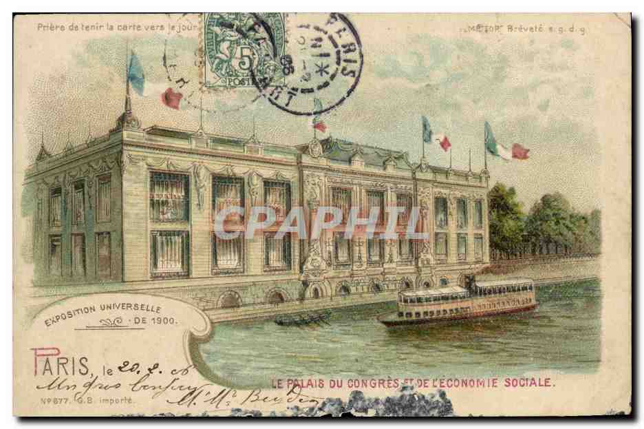 CPA Fantaisie Carte transparente Paris Exposition universelle de 1900 Le palais du Congres et de l'economie sociale