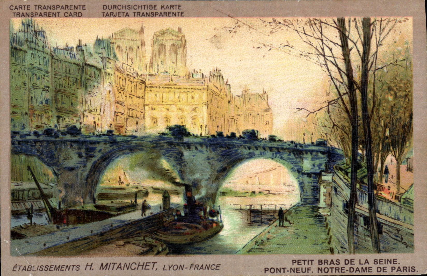 CPA Fantaisie Carte transparente Petit Bras de la Seine Pont Neuf Notre Dame de Paris Mitanchet Lyon France