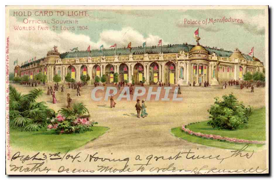 CPA Fantaisie Carte transparente World's Fair St Louis 1904 Palace of manufactures
